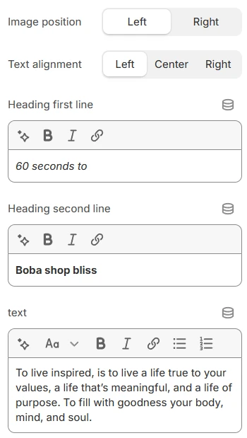 Image with text section settings