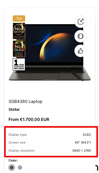 product card extra info