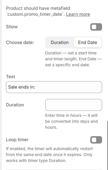 countdown timer settings for quick view