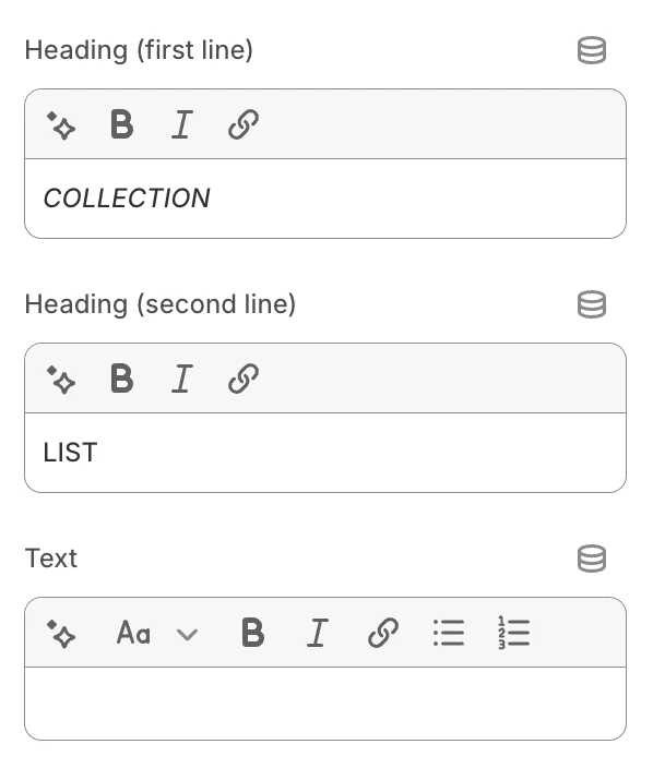 Collection list section settings