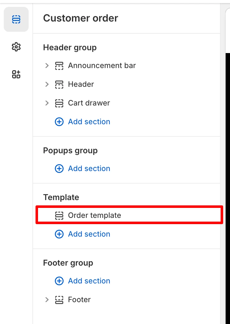 Order template adding a section