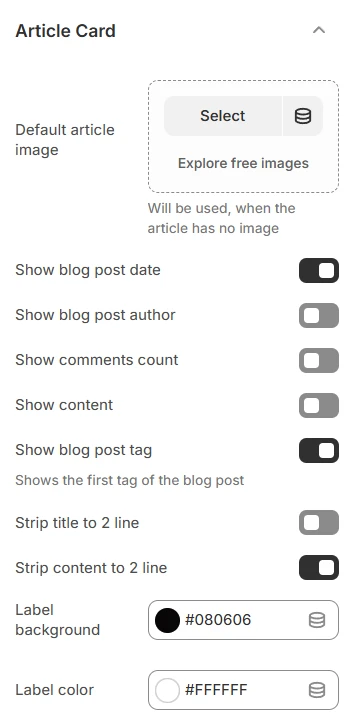 article card settings