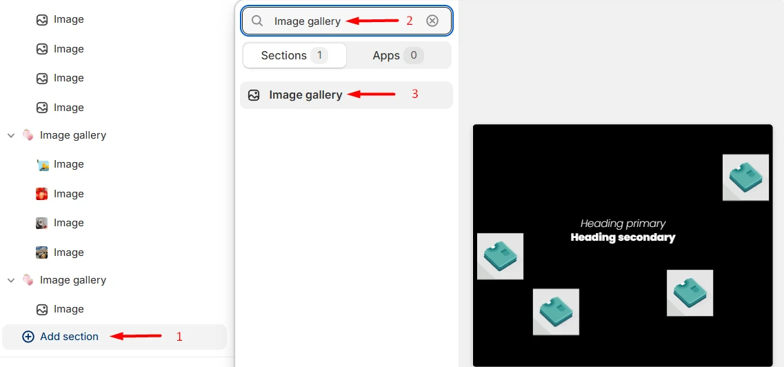 Image gallery add a section