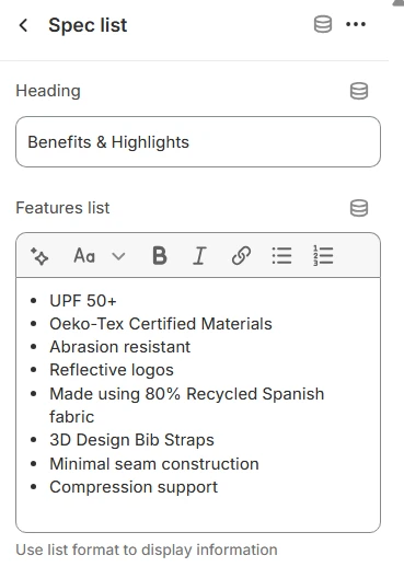specifications spec list 