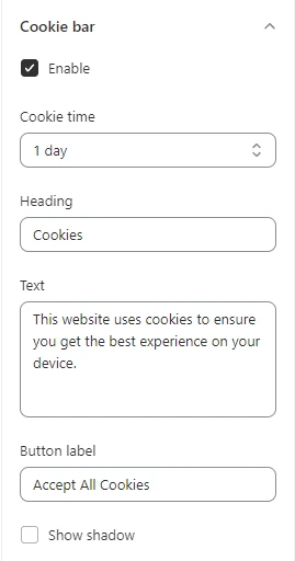 cookie bar settings