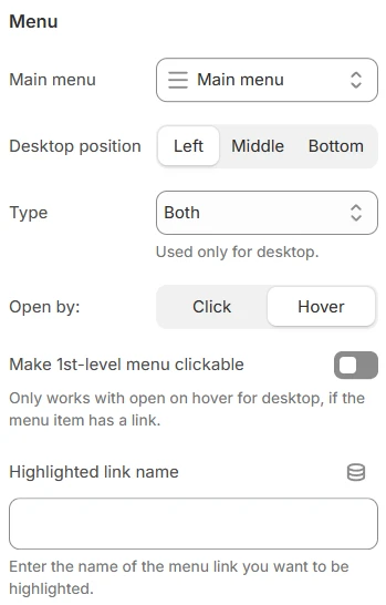 header menu settings