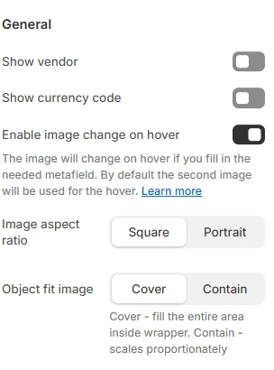 product card settings