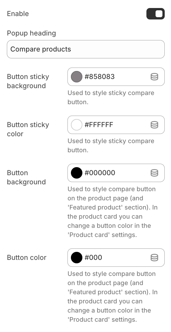 compare products settings