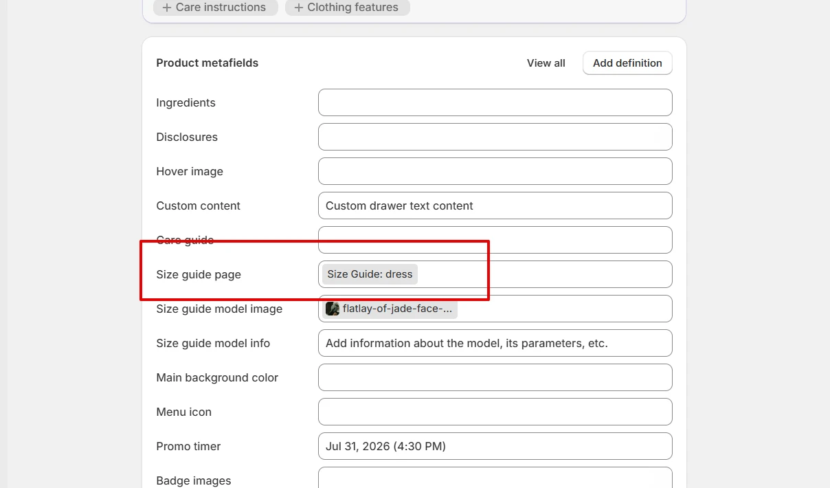 size guide page connect