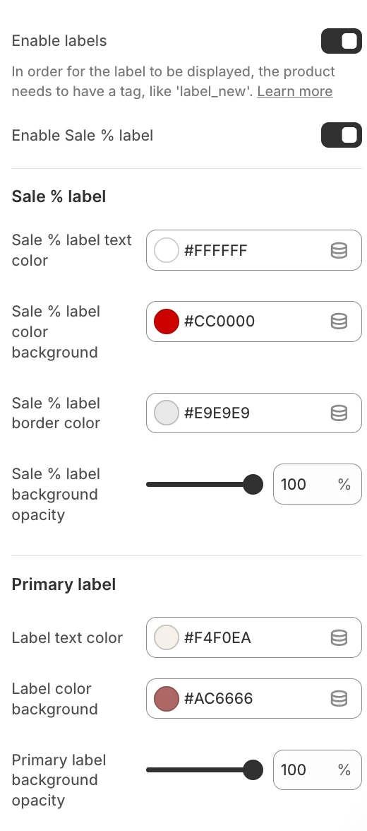 Product labels settings 1