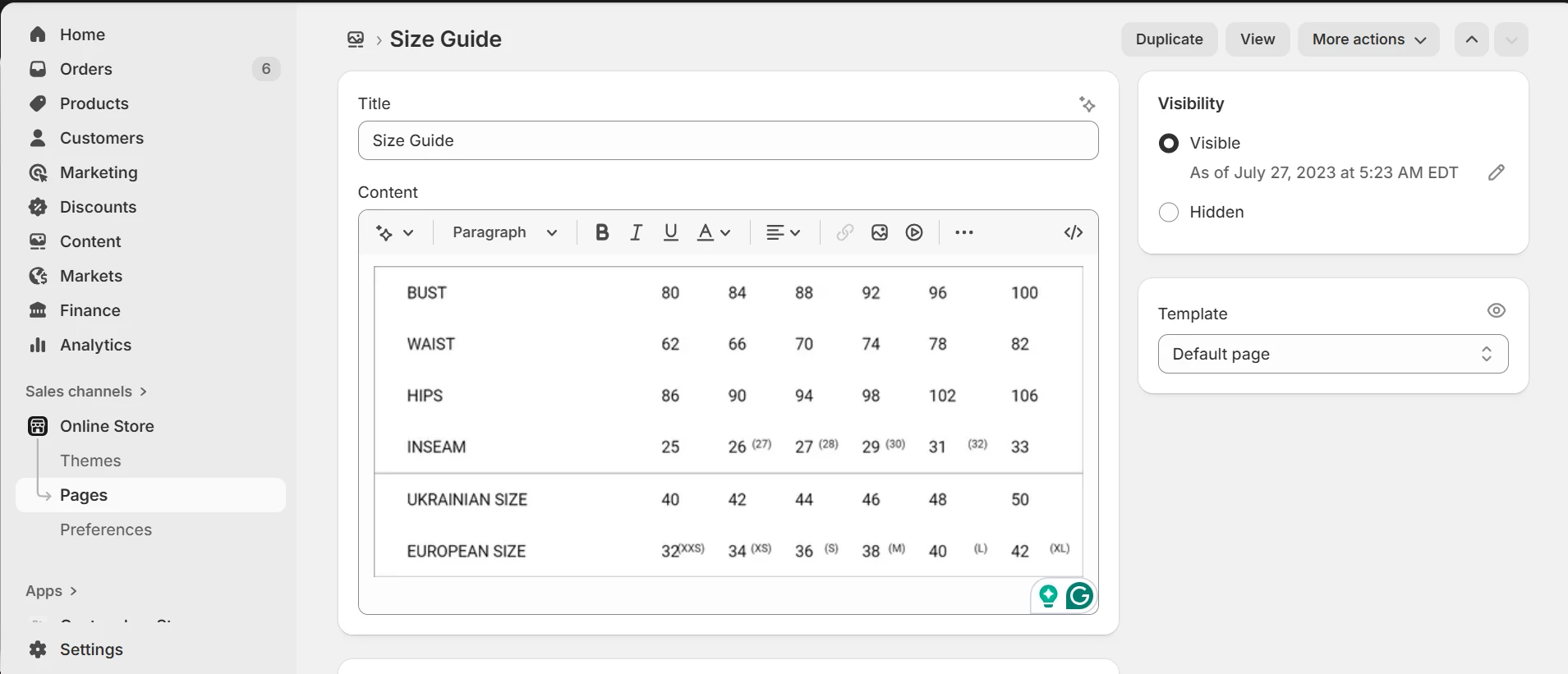 size guide page example