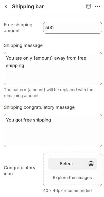 Shipping bar settings