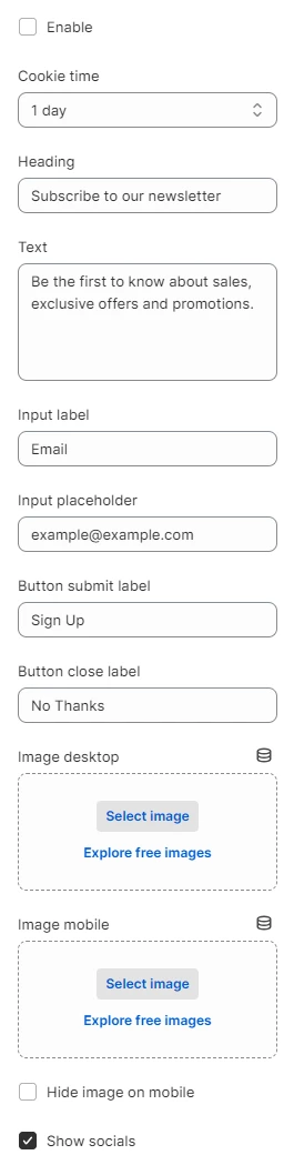 newsletter popup general settings