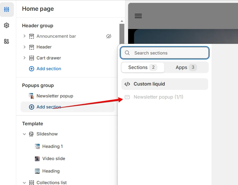 Newsletter popup adding a section