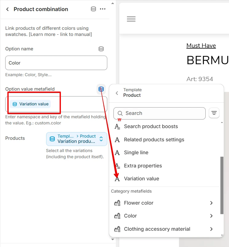 Product combination settings