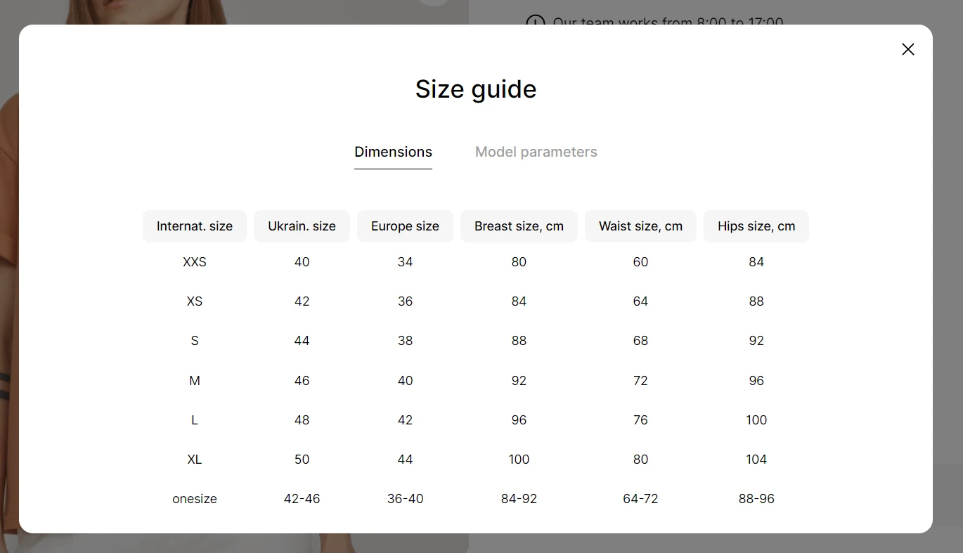 product size table 
