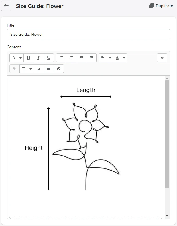 page for size guide
