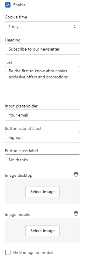 Newsletter popup (Settings)