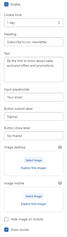 Newsletter popup settings (General)